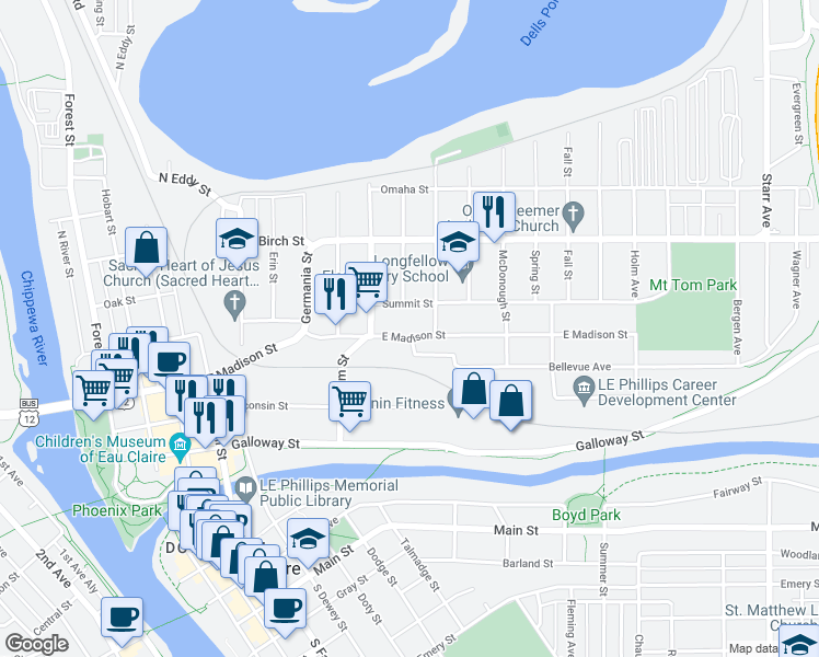 map of restaurants, bars, coffee shops, grocery stores, and more near 1109 Summit Street in Eau Claire
