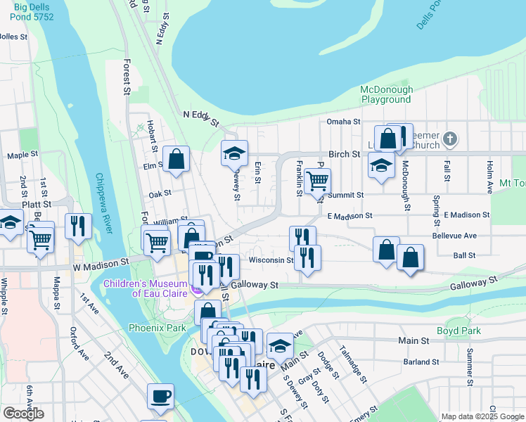 map of restaurants, bars, coffee shops, grocery stores, and more near 718 Division Street in Eau Claire
