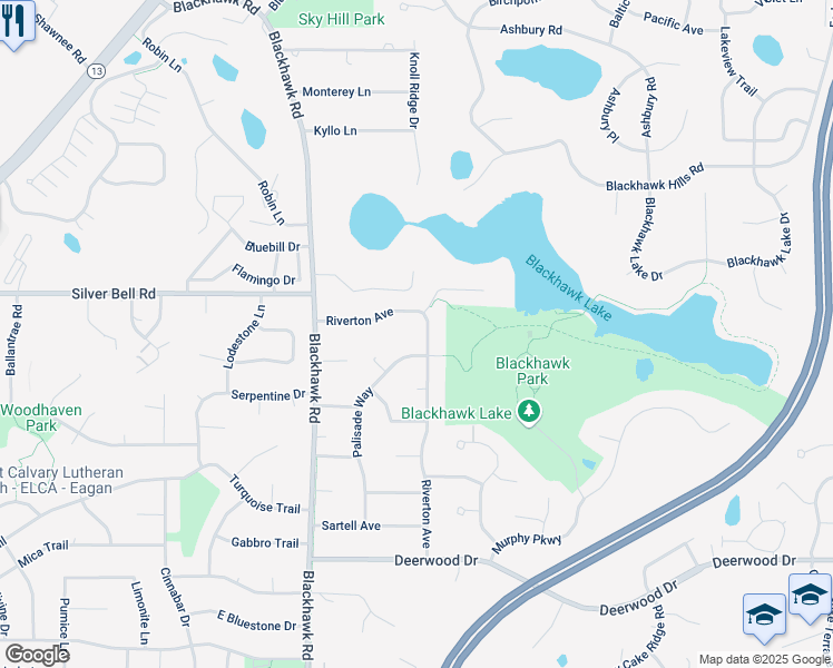 map of restaurants, bars, coffee shops, grocery stores, and more near 3825 Riverton Avenue in Eagan