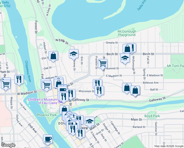 map of restaurants, bars, coffee shops, grocery stores, and more near 422 Franklin Street in Eau Claire