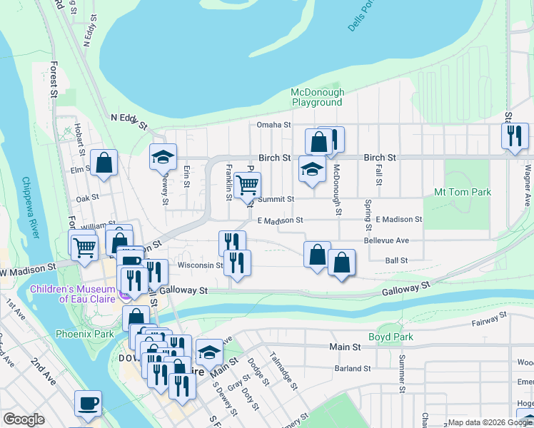 map of restaurants, bars, coffee shops, grocery stores, and more near 1109 Summit Street in Eau Claire