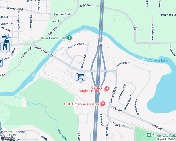 map of restaurants, bars, coffee shops, grocery stores, and more near River Prairie Drive in Altoona
