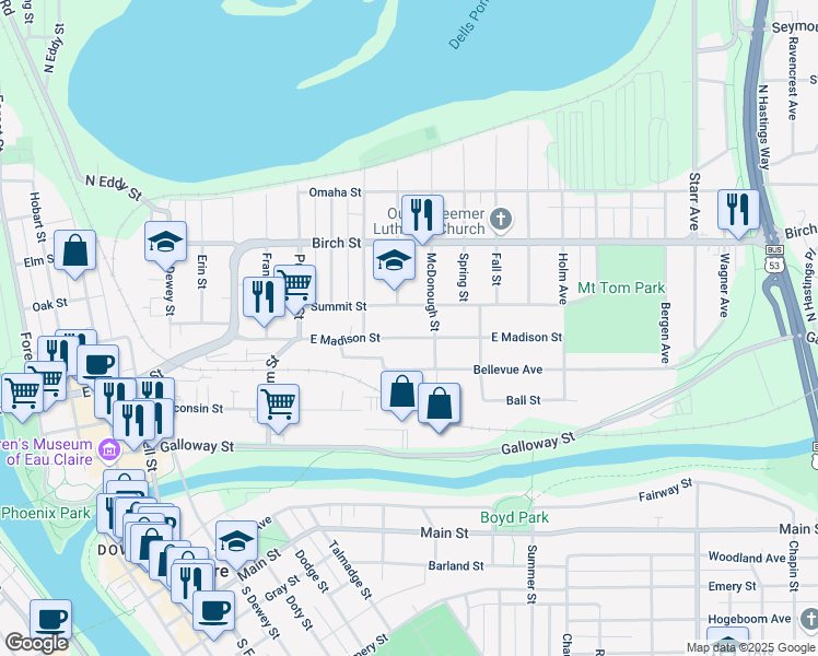 map of restaurants, bars, coffee shops, grocery stores, and more near 1321 Summit Street in Eau Claire