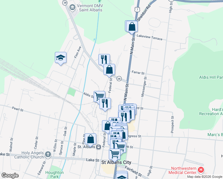 map of restaurants, bars, coffee shops, grocery stores, and more near 182 Federal Street in Saint Albans City
