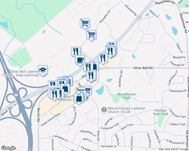 map of restaurants, bars, coffee shops, grocery stores, and more near 3825 Cedar Grove Parkway in Eagan