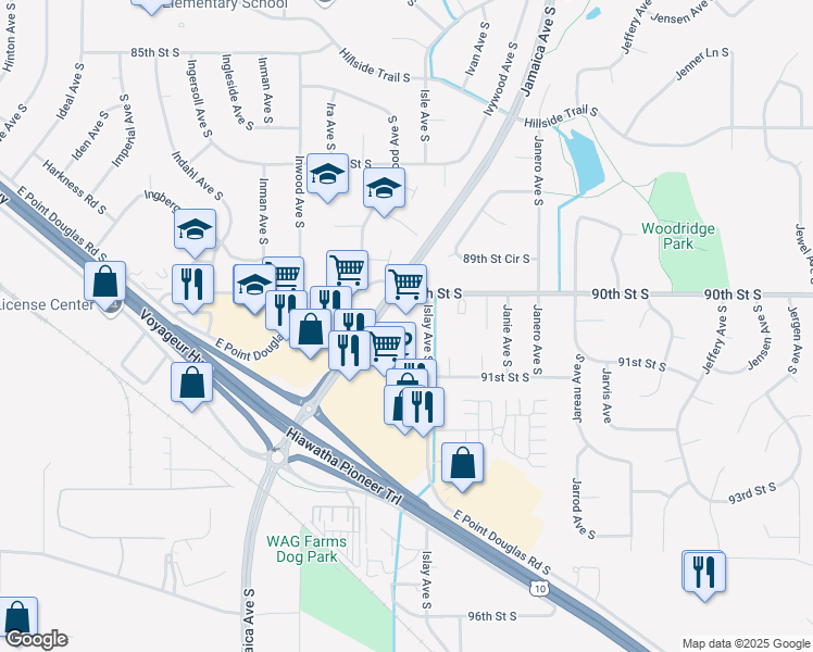 map of restaurants, bars, coffee shops, grocery stores, and more near 8690 East Point Douglas Road in Cottage Grove