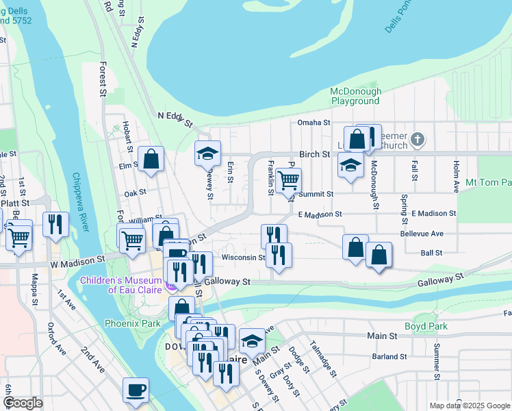 map of restaurants, bars, coffee shops, grocery stores, and more near 718 Division Street in Eau Claire