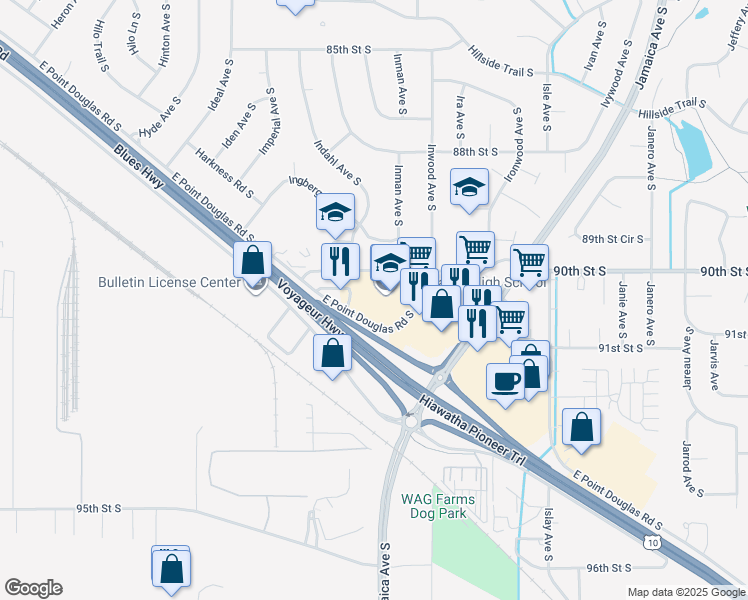 map of restaurants, bars, coffee shops, grocery stores, and more near 8400 East Point Douglas Road South in Cottage Grove