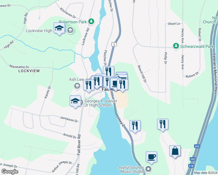map of restaurants, bars, coffee shops, grocery stores, and more near 3301 Nova Scotia Trunk 2 in Fall River