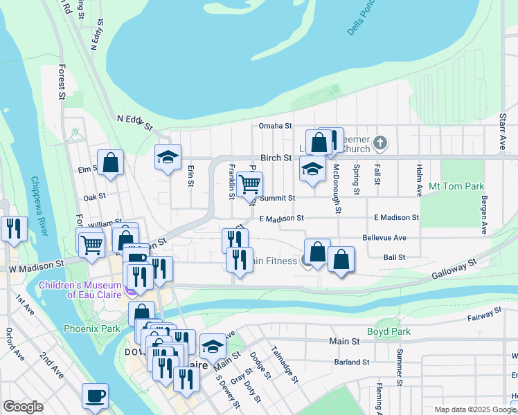 map of restaurants, bars, coffee shops, grocery stores, and more near 419 Putnam Street in Eau Claire