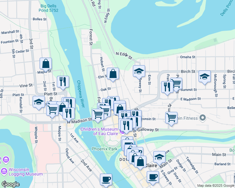 map of restaurants, bars, coffee shops, grocery stores, and more near 524 North Barstow Street in Eau Claire