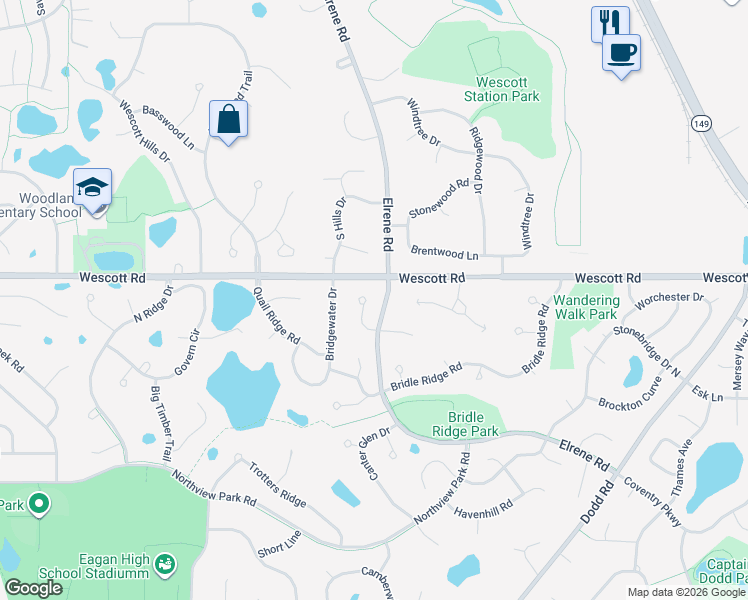 map of restaurants, bars, coffee shops, grocery stores, and more near 3806 Mill Run Court in Eagan
