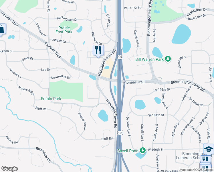 map of restaurants, bars, coffee shops, grocery stores, and more near 10220 Hennepin Town Road in Eden Prairie