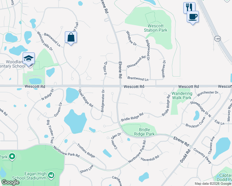 map of restaurants, bars, coffee shops, grocery stores, and more near 3806 Mill Run Court in Eagan