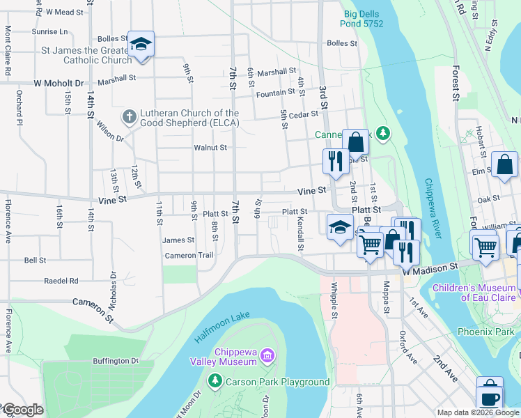 map of restaurants, bars, coffee shops, grocery stores, and more near 514 Platt Street in Eau Claire