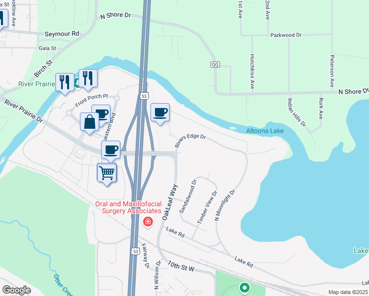 map of restaurants, bars, coffee shops, grocery stores, and more near 2423 Riversedge Drive in Altoona