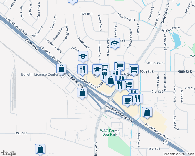map of restaurants, bars, coffee shops, grocery stores, and more near 8400 East Point Douglas Road South in Cottage Grove
