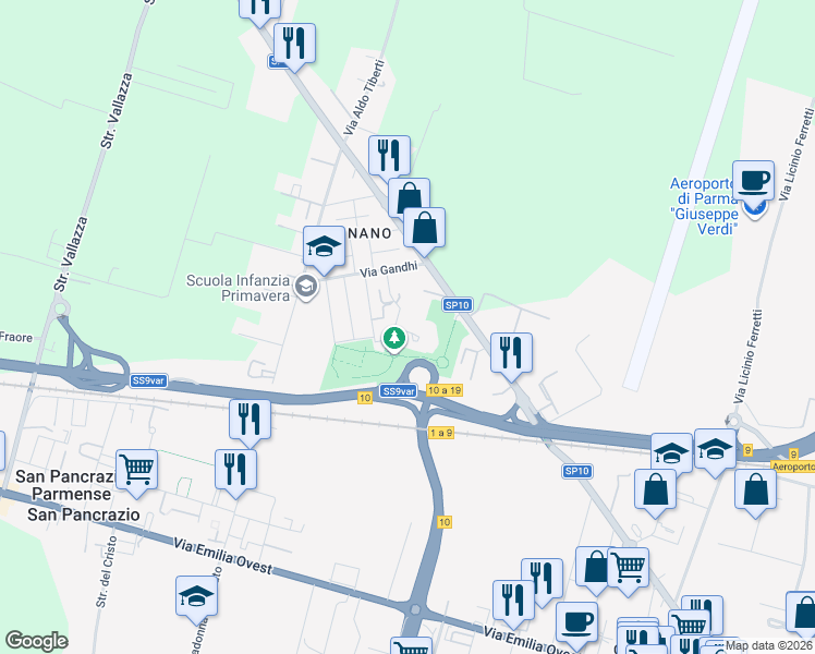 map of restaurants, bars, coffee shops, grocery stores, and more near 2 Via Alpini D'Italia in Parma