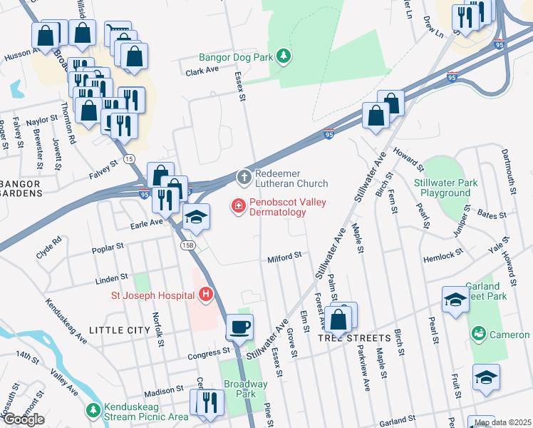 map of restaurants, bars, coffee shops, grocery stores, and more near 501 Essex Street in Bangor