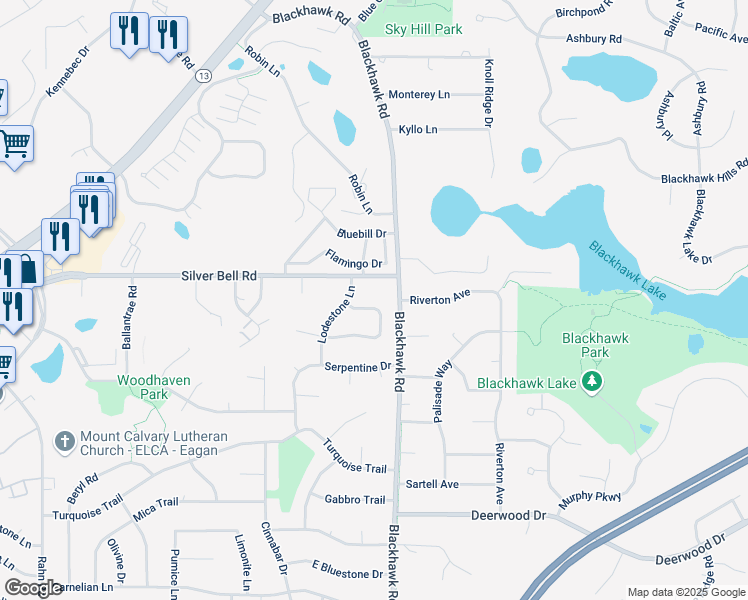 map of restaurants, bars, coffee shops, grocery stores, and more near 3814 Country Creek Way in Eagan