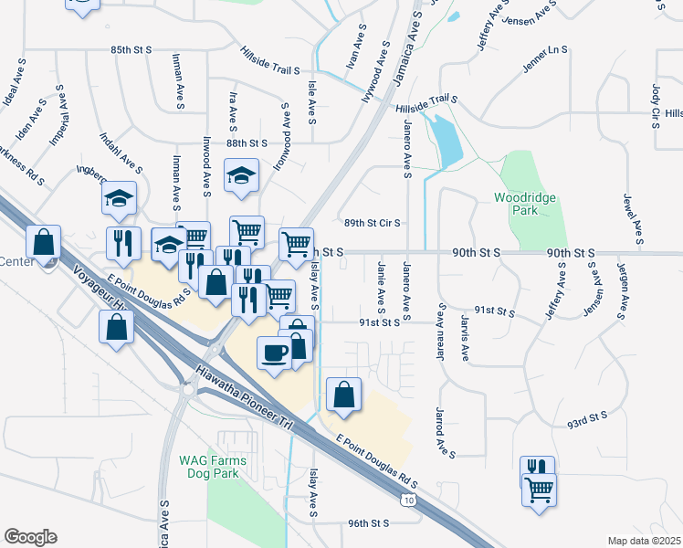 map of restaurants, bars, coffee shops, grocery stores, and more near 8815 90th Street South in Cottage Grove