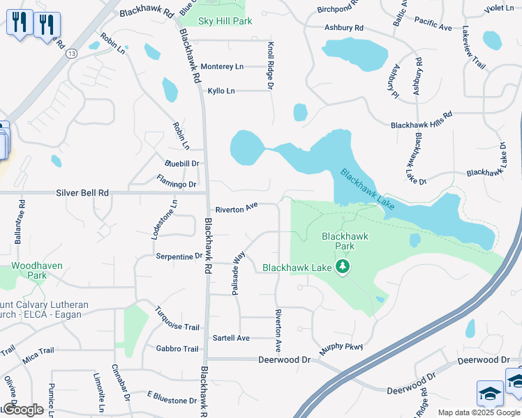 map of restaurants, bars, coffee shops, grocery stores, and more near 3825 Riverton Avenue in Eagan