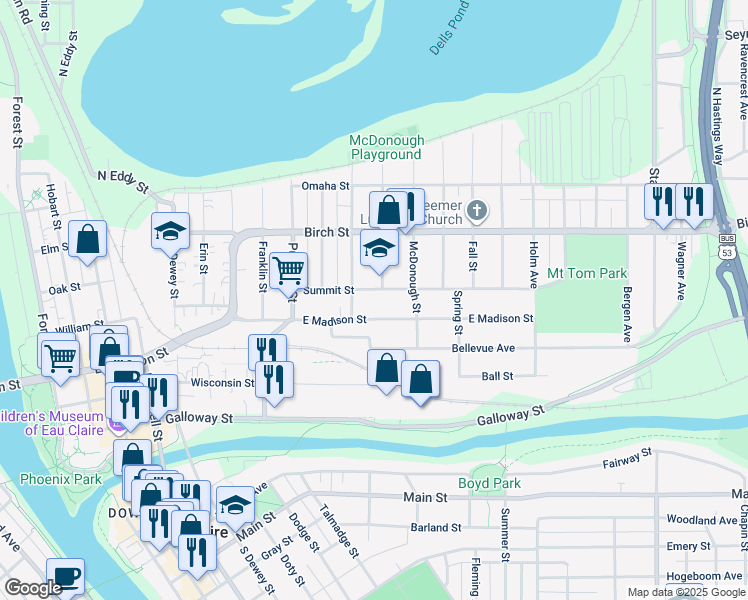 map of restaurants, bars, coffee shops, grocery stores, and more near 1215 Summit Street in Eau Claire