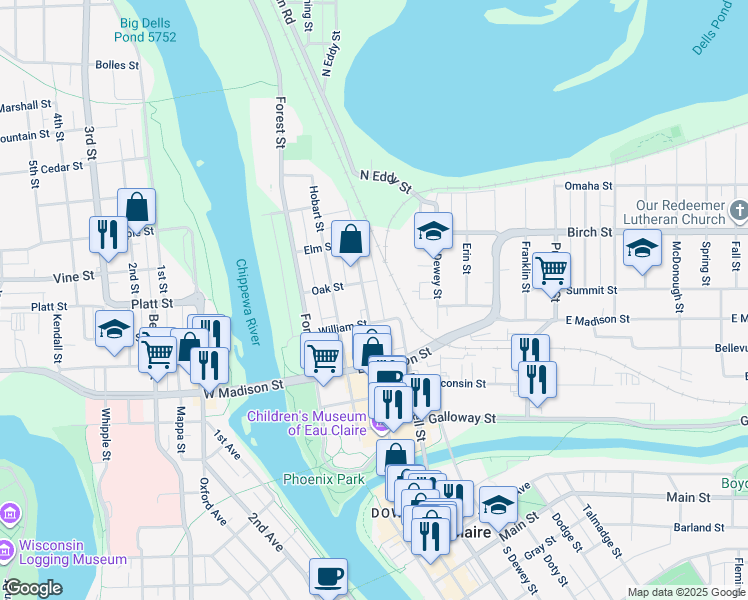 map of restaurants, bars, coffee shops, grocery stores, and more near 527 North Farwell Street in Eau Claire