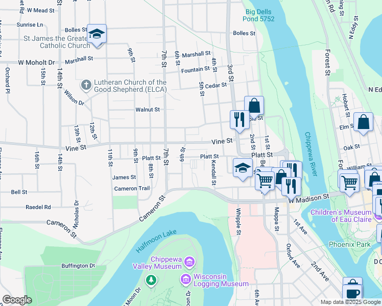 map of restaurants, bars, coffee shops, grocery stores, and more near 514 Platt Street in Eau Claire