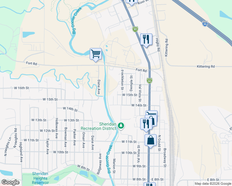 map of restaurants, bars, coffee shops, grocery stores, and more near 1908 Frackleton Street in Sheridan