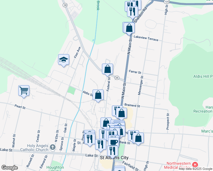 map of restaurants, bars, coffee shops, grocery stores, and more near 182 Federal Street in Saint Albans City