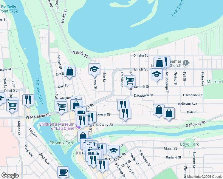 map of restaurants, bars, coffee shops, grocery stores, and more near 718 Division Street in Eau Claire
