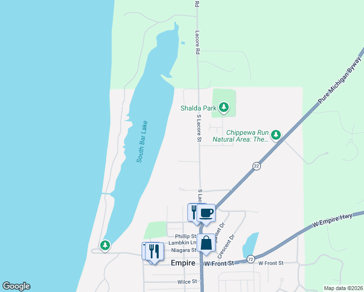 map of restaurants, bars, coffee shops, grocery stores, and more near 11500-11598 South Lacore Street in Empire