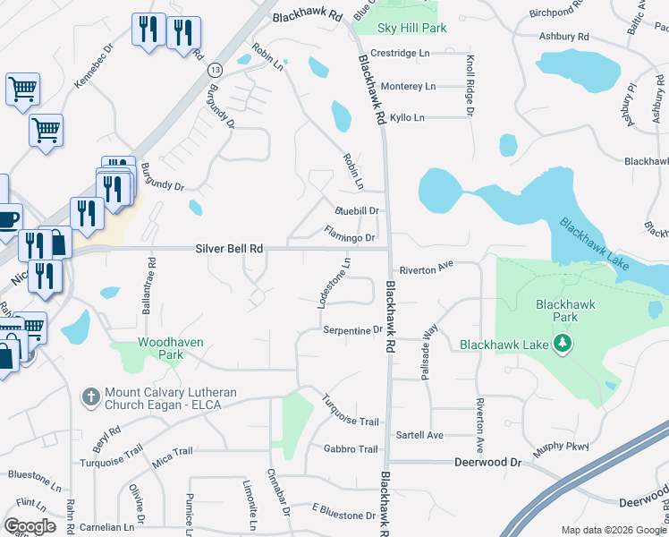 map of restaurants, bars, coffee shops, grocery stores, and more near 3813 Lodestone Ln in Eagan