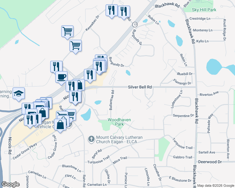 map of restaurants, bars, coffee shops, grocery stores, and more near 3800 Ballantrae Road in Eagan