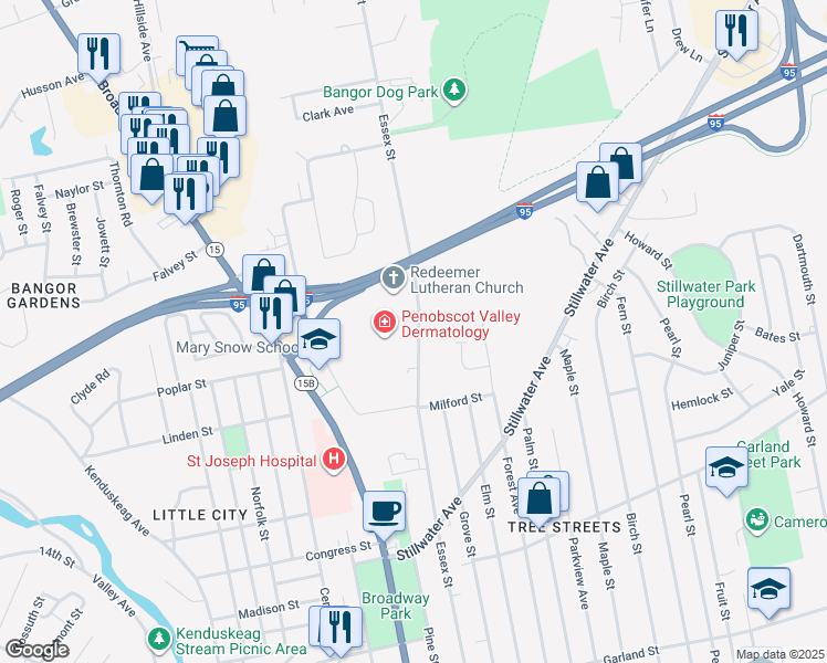 map of restaurants, bars, coffee shops, grocery stores, and more near 500 Essex Street in Bangor