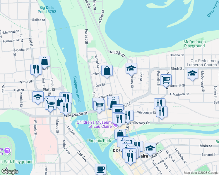 map of restaurants, bars, coffee shops, grocery stores, and more near 524 North Barstow Street in Eau Claire