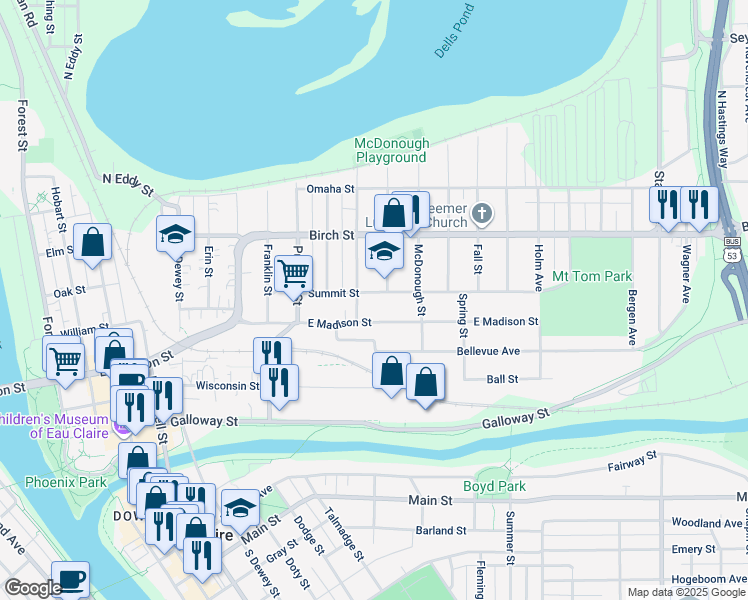 map of restaurants, bars, coffee shops, grocery stores, and more near 1215 Summit Street in Eau Claire