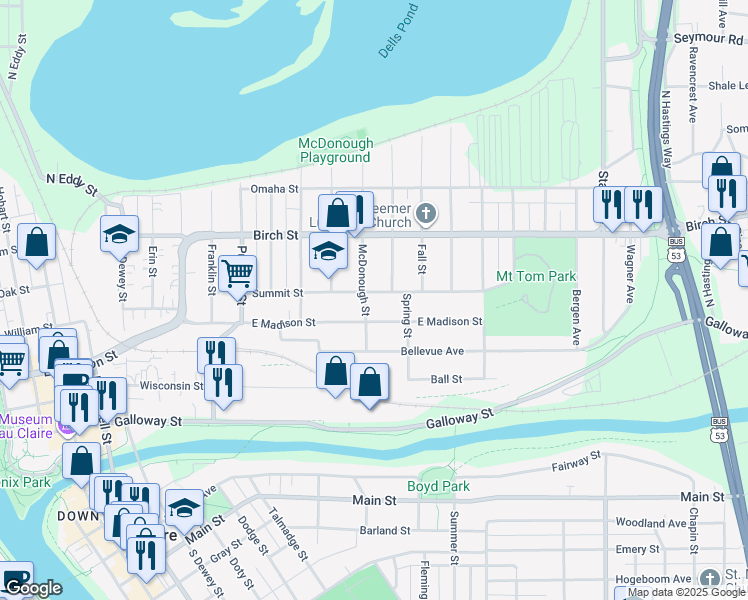 map of restaurants, bars, coffee shops, grocery stores, and more near 1417 Summit Street in Eau Claire