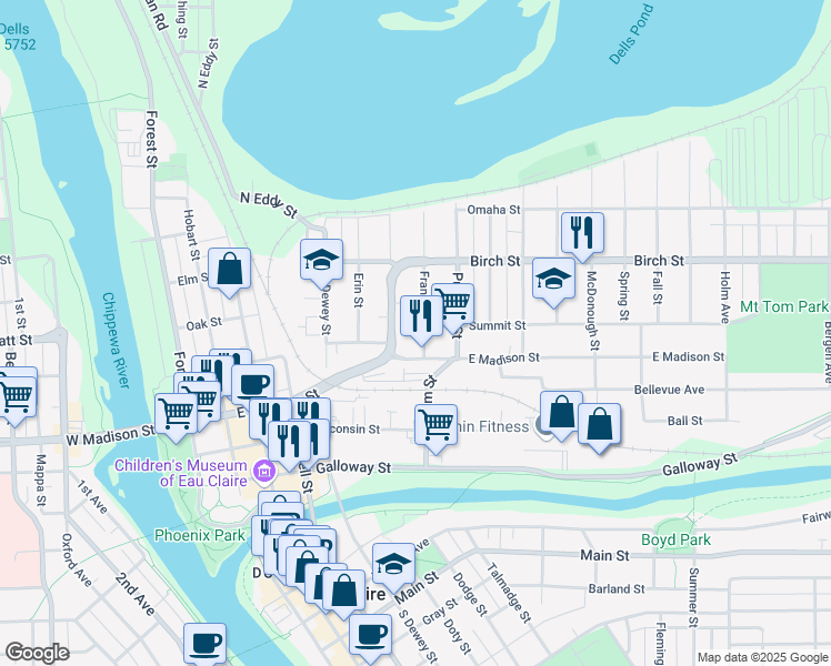 map of restaurants, bars, coffee shops, grocery stores, and more near 422 Franklin Street in Eau Claire