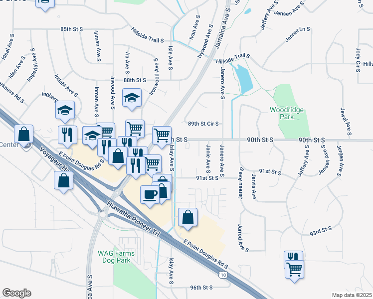 map of restaurants, bars, coffee shops, grocery stores, and more near 8815 90th Street South in Cottage Grove