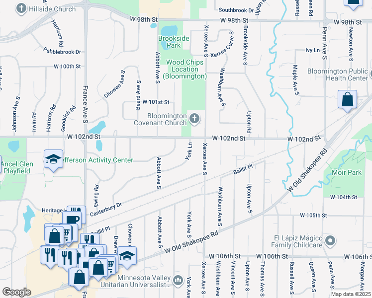 map of restaurants, bars, coffee shops, grocery stores, and more near 10212 York Lane in Bloomington