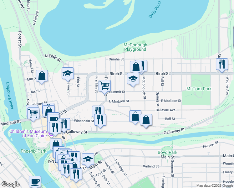 map of restaurants, bars, coffee shops, grocery stores, and more near 1103 Summit Street in Eau Claire