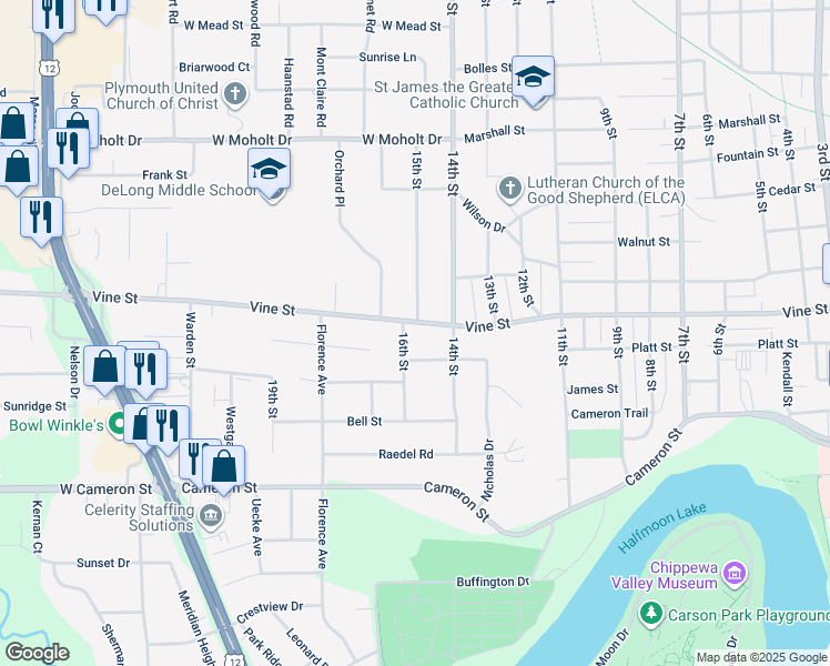 map of restaurants, bars, coffee shops, grocery stores, and more near 1503 Vine Street in Eau Claire