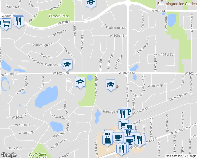 map of restaurants, bars, coffee shops, grocery stores, and more near 10211 Johnson Circle in Minneapolis