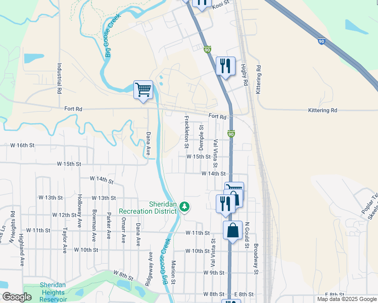 map of restaurants, bars, coffee shops, grocery stores, and more near 1915 Frackleton Street in Sheridan