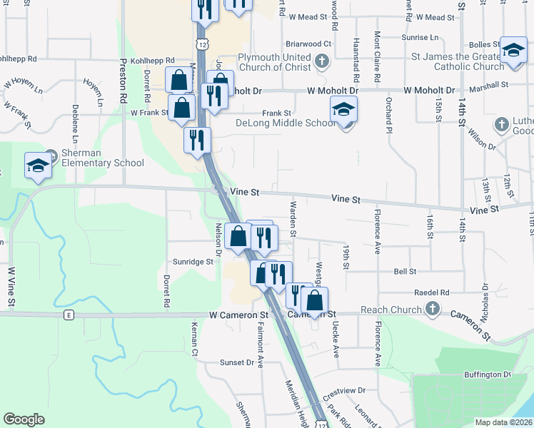 map of restaurants, bars, coffee shops, grocery stores, and more near 2218 Fenner Street in Eau Claire