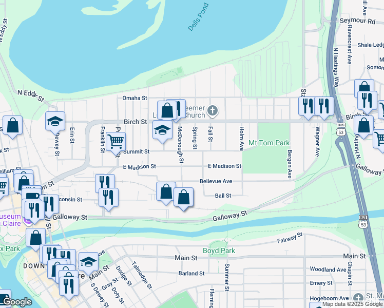 map of restaurants, bars, coffee shops, grocery stores, and more near 1417 Summit Street in Eau Claire