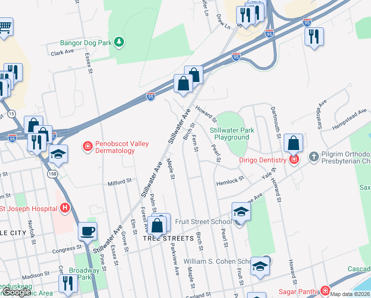 map of restaurants, bars, coffee shops, grocery stores, and more near 413 Birch Street in Bangor