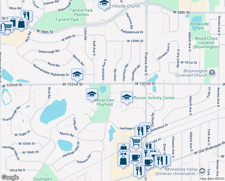 map of restaurants, bars, coffee shops, grocery stores, and more near 10211 Johnson Circle in Minneapolis